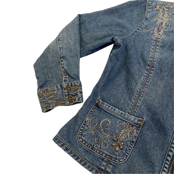 Vintage 90's Embroidered Beaded Blue Denim Jacket Size 1 Women's Chico's Boho - Picture 2 of 14
